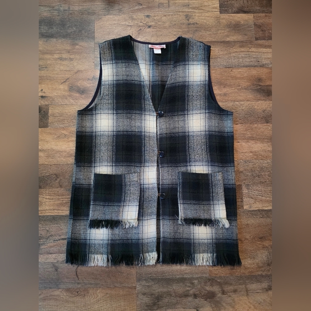 Allison Tracy Women's Vintage Wool Black Plaid Button Loop Pocket Vest Size S